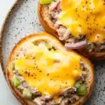 Tuna melt bagel - the image shows two halves of a baked potato sandwich on a blue and white speckled plate. the sandwich is made with two slices of toasted bread and is topped with a generous helping of melted cheese. the cheese is yellow and bubbly, and it appears to be melted and oozing out of the sides. there are also small pieces of red onion and green onions scattered throughout the sandwich. the plate is sitting on a white marble countertop.