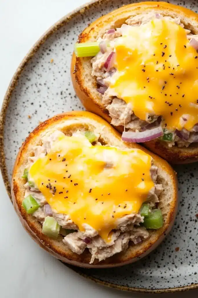 Tuna melt bagel - the image shows two halves of a baked potato sandwich on a blue and white speckled plate. the sandwich is made with two slices of toasted bread and is topped with a generous helping of melted cheese. the cheese is yellow and bubbly, and it appears to be melted and oozing out of the sides. there are also small pieces of red onion and green onions scattered throughout the sandwich. the plate is sitting on a white marble countertop.