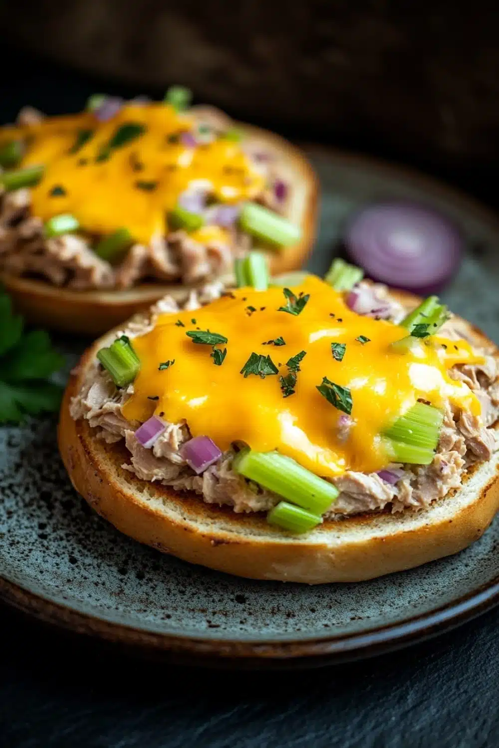 Tuna melt bagel - the image shows two sandwiches on a blue plate. the sandwiches are made with a toasted bun and are topped with a generous amount of melted cheese. the cheese is a bright yellow color and is drizzled over the top of the sandwiches. there are also chopped green onions and red onions scattered on top. the plate is garnished with a sprig of parsley. the background is dark and out of focus, making the sandwiches stand out.