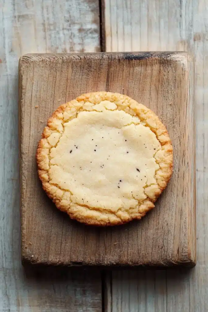 Vanilla bean shortbread cookie - the image shows a round cookie on a wooden cutting board. the cookie appears to be freshly baked and has a golden brown color. it has a crumbly texture and is covered in small black speckles. the cutting board is square in shape and is placed on a weathered wooden surface. the background is blurred, making the cookie the focal point of the image.