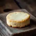 Vanilla bean shortbread cookie - the image shows a round, golden-brown biscuit on a wooden cutting board. the biscuit appears to be freshly baked and has a crumbly texture. it is placed on a dark wooden surface, possibly a table or countertop. the background is blurred, making the biscuit the focal point of the image.
