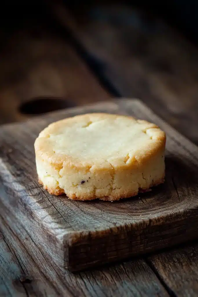 Vanilla bean shortbread cookie - the image shows a round, golden-brown biscuit on a wooden cutting board. the biscuit appears to be freshly baked and has a crumbly texture. it is placed on a dark wooden surface, possibly a table or countertop. the background is blurred, making the biscuit the focal point of the image.