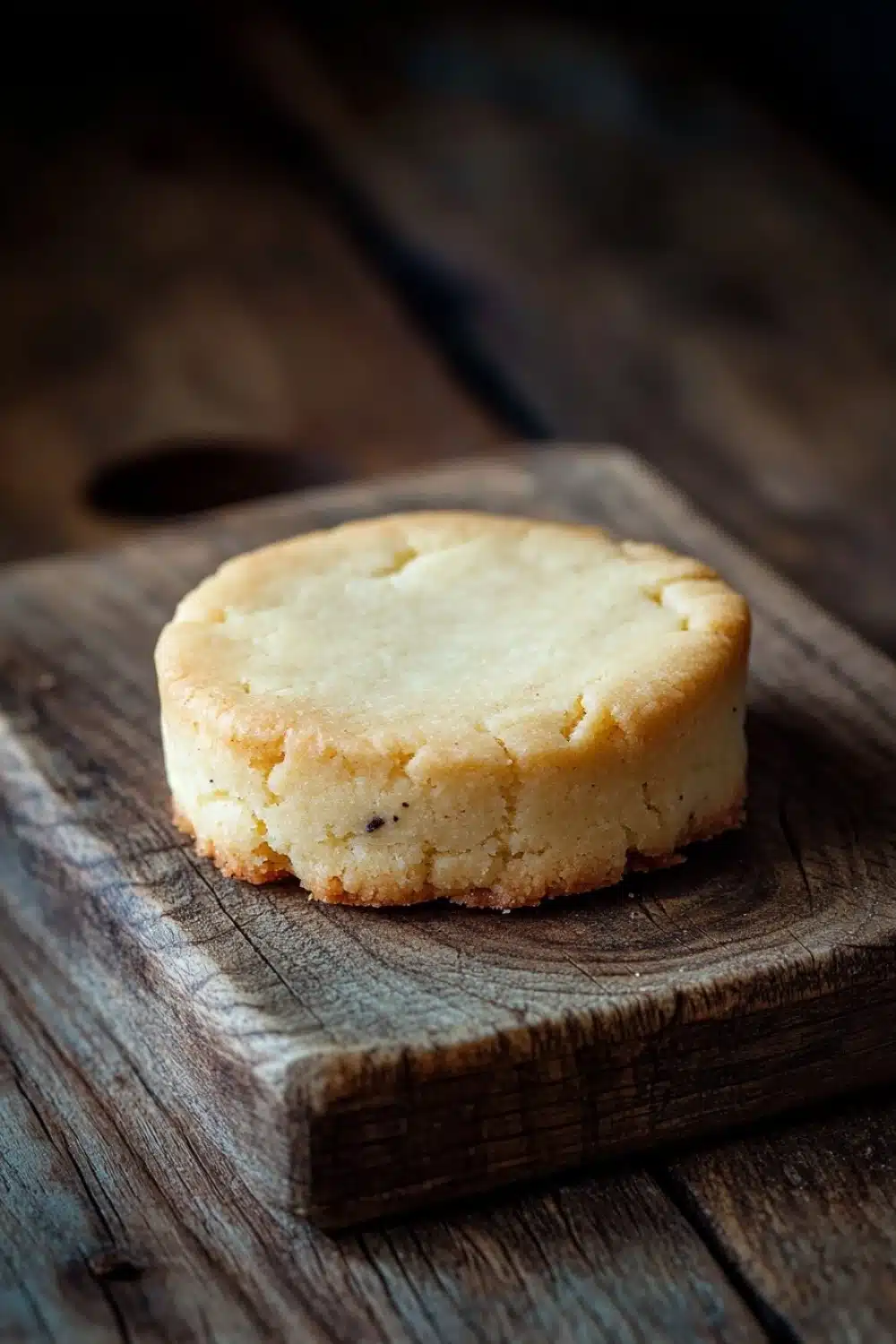 Vanilla bean shortbread cookie - the image shows a round, golden-brown biscuit on a wooden cutting board. the biscuit appears to be freshly baked and has a crumbly texture. it is placed on a dark wooden surface, possibly a table or countertop. the background is blurred, making the biscuit the focal point of the image.
