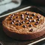 Vegan peanut butter cookie cake - the image shows a round chocolate cake on a baking tray. the cake appears to be freshly baked and has a golden brown crust. on top of the cake, there are small chocolate chips scattered across the surface. the tray is placed on a wooden table with a white cloth napkin on the side. in the background, there is a wooden bowl and a plate. the overall mood of the image is warm and inviting.