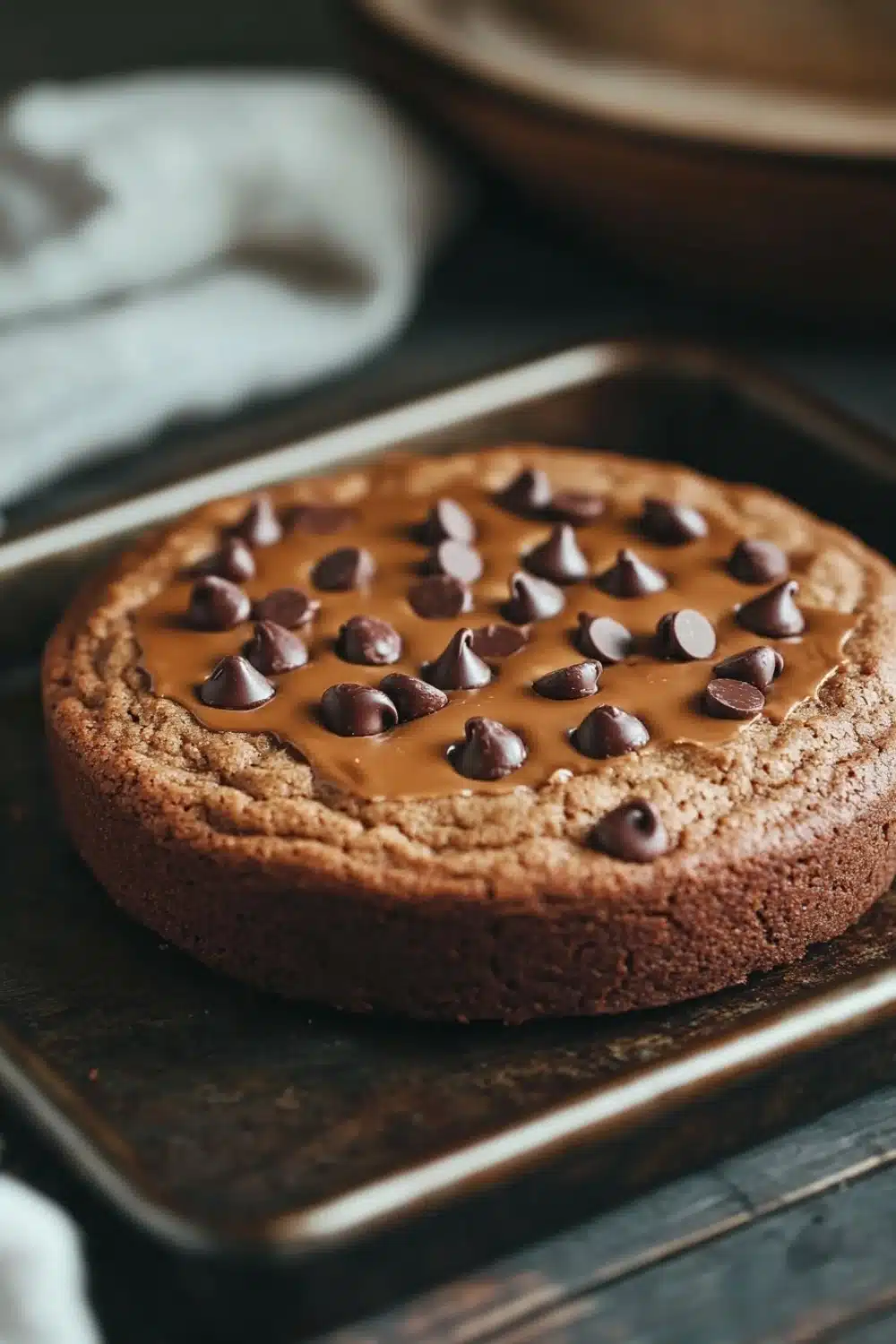 Vegan peanut butter cookie cake - the image shows a round chocolate cake on a baking tray. the cake appears to be freshly baked and has a golden brown crust. on top of the cake, there are small chocolate chips scattered across the surface. the tray is placed on a wooden table with a white cloth napkin on the side. in the background, there is a wooden bowl and a plate. the overall mood of the image is warm and inviting.