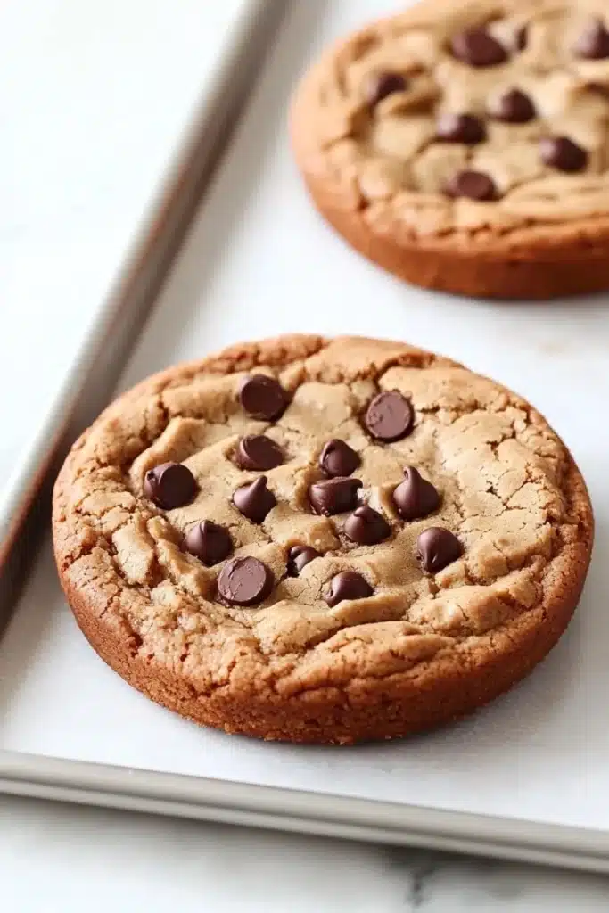 Vegan peanut butter cookie cake - the image shows two freshly baked chocolate chip cookies on a baking tray. the cookies are round and golden brown in color, with chocolate chips scattered throughout. they are placed on a white marble countertop, and there is a pair of chopsticks resting on the tray next to them. the background is blurred, but it appears to be a kitchen countertop.