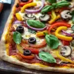 Vegan sheet pan pizza - the image is of a freshly baked pizza on a wooden cutting board. the pizza is topped with various toppings, including sliced red and yellow bell peppers, sliced mushrooms, and black olives. there are also fresh basil leaves scattered on top of the pizza. a knife is resting on the cutting board next to the pizza, suggesting that the pizza is ready to be served. the background is a dark wooden table with a white cloth napkin on the side.