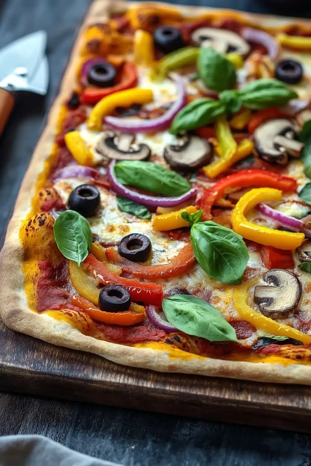 Vegan sheet pan pizza - the image is of a freshly baked pizza on a wooden cutting board. the pizza is topped with various toppings, including sliced red and yellow bell peppers, sliced mushrooms, and black olives. there are also fresh basil leaves scattered on top of the pizza. a knife is resting on the cutting board next to the pizza, suggesting that the pizza is ready to be served. the background is a dark wooden table with a white cloth napkin on the side.