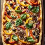 Vegan sheet pan pizza - the image is of a freshly baked pizza on a wooden cutting board. the pizza has a golden brown crust and is topped with melted cheese, sliced red and yellow bell peppers, sliced mushrooms, and fresh basil leaves. there are also small black olives scattered throughout the pizza. the cutting board is placed on a dark wooden table with a gray cloth napkin and a few sprigs of basil scattered around it. the overall aesthetic of the image is rustic and appetizing.