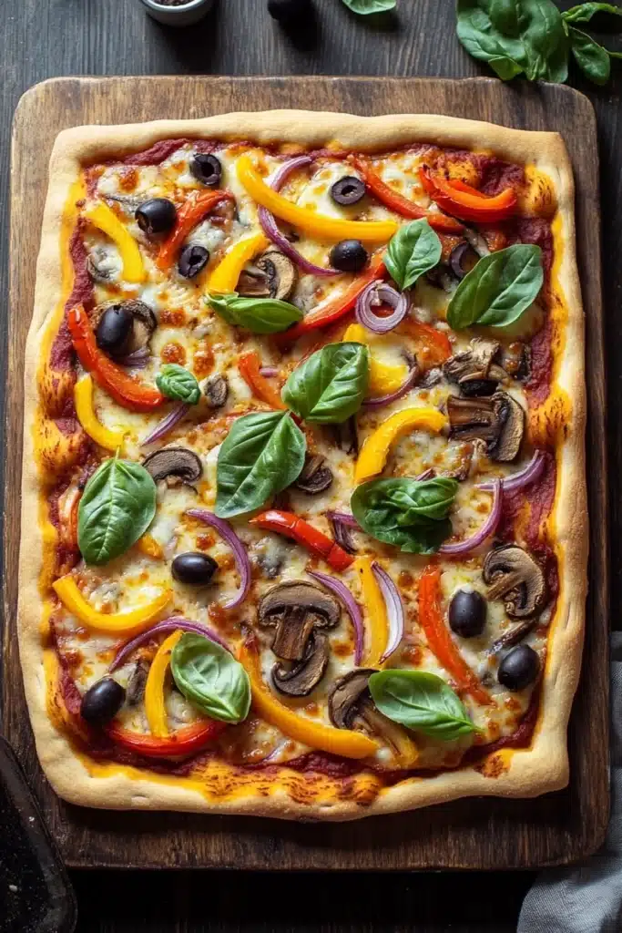 Vegan sheet pan pizza - the image is of a freshly baked pizza on a wooden cutting board. the pizza has a golden brown crust and is topped with melted cheese, sliced red and yellow bell peppers, sliced mushrooms, and fresh basil leaves. there are also small black olives scattered throughout the pizza. the cutting board is placed on a dark wooden table with a gray cloth napkin and a few sprigs of basil scattered around it. the overall aesthetic of the image is rustic and appetizing.