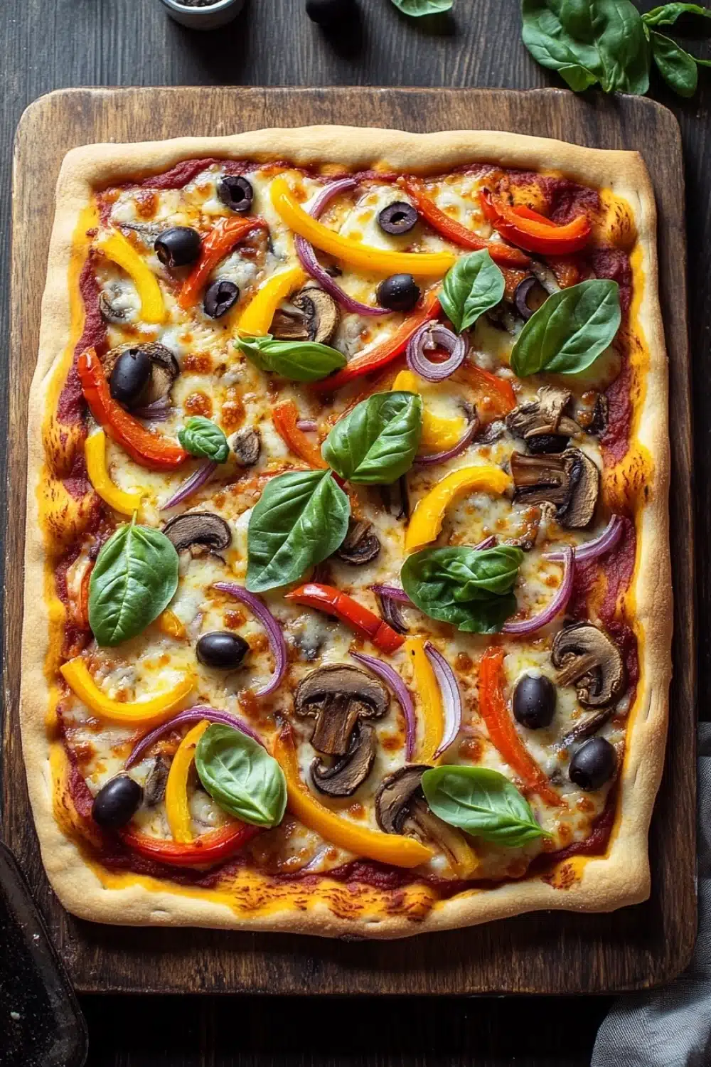 Vegan sheet pan pizza - the image is of a freshly baked pizza on a wooden cutting board. the pizza has a golden brown crust and is topped with melted cheese, sliced red and yellow bell peppers, sliced mushrooms, and fresh basil leaves. there are also small black olives scattered throughout the pizza. the cutting board is placed on a dark wooden table with a gray cloth napkin and a few sprigs of basil scattered around it. the overall aesthetic of the image is rustic and appetizing.