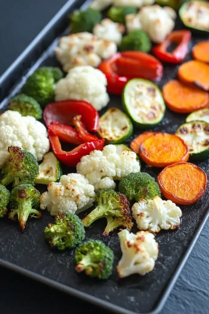 Vegetables in air fryer oven - the image shows a black rectangular baking tray filled with various types of vegetables. on the left side of the tray, there are roasted cauliflower, broccoli, red bell peppers, and sliced carrots. the vegetables are arranged in a way that they are overlapping each other, creating a colorful and appetizing display. the tray appears to be made of a dark-colored material, possibly parchment paper or parchment paper. the background is blurred, but it seems to be a kitchen countertop.
