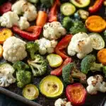 Vegetables in air fryer oven - the image shows a tray of roasted vegetables on a black baking sheet. the vegetables are arranged in a circular pattern on the tray, with some overlapping each other. there are various types of vegetables such as cauliflower, broccoli, red bell peppers, zucchini, and squash. the colors of the vegetables are vibrant and the texture appears to be seasoned with herbs and spices. the tray is sitting on a dark countertop, and the background is blurred.