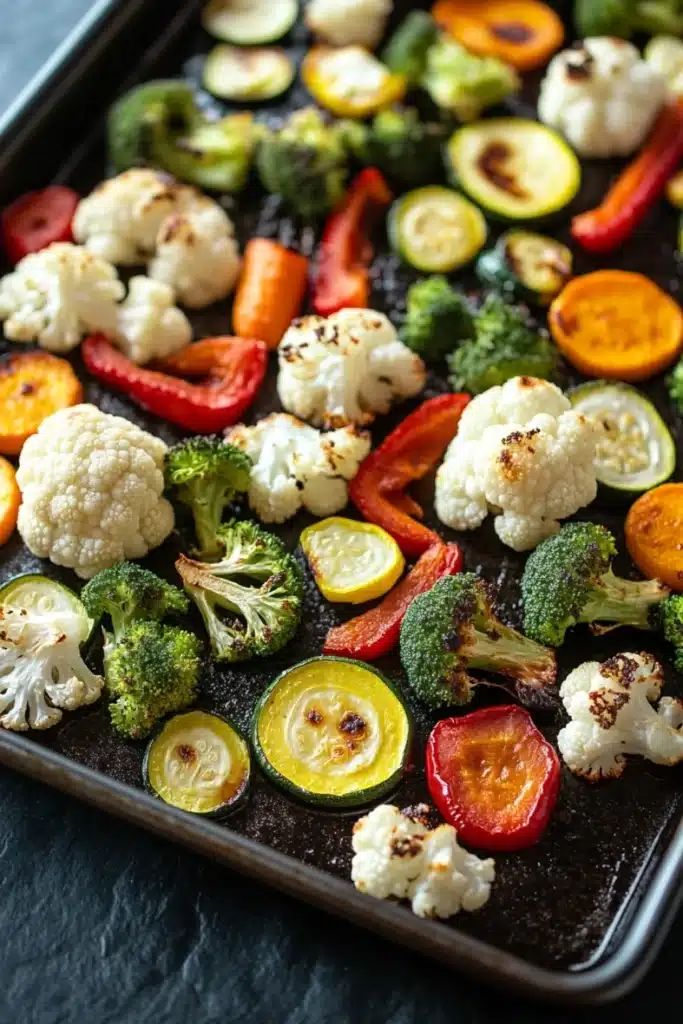 Vegetables in air fryer oven - the image shows a tray of roasted vegetables on a black baking sheet. the vegetables are arranged in a circular pattern on the tray, with some overlapping each other. there are various types of vegetables such as cauliflower, broccoli, red bell peppers, zucchini, and squash. the colors of the vegetables are vibrant and the texture appears to be seasoned with herbs and spices. the tray is sitting on a dark countertop, and the background is blurred.
