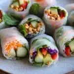 Vegetarian spring rolls - the image shows a plate of freshly made spring rolls. the rolls are arranged in a circular pattern on a light blue plate with a speckled pattern. each roll is filled with a variety of vegetables, including sliced cucumbers, carrots, red cabbage, and avocado. the vegetables are mixed in with a creamy dressing, and there are also some nuts and mint leaves scattered throughout the rolls. there are also a few sprigs of mint on the plate. the plate is sitting on a wooden table.