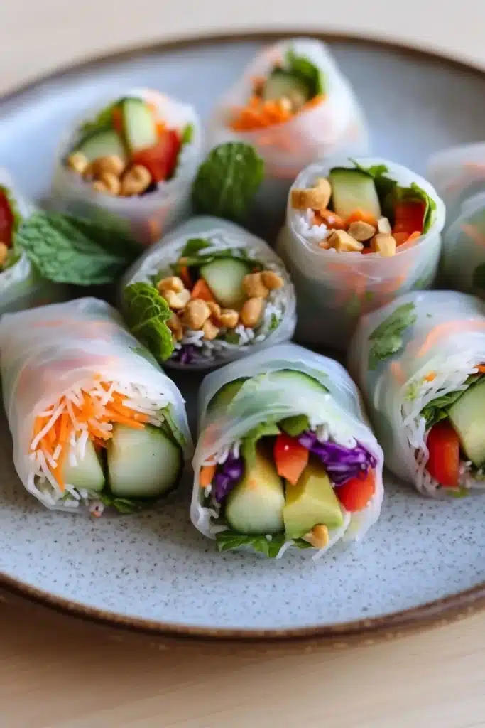 Vegetarian spring rolls - the image shows a plate of freshly made spring rolls. the rolls are arranged in a circular pattern on a light blue plate with a speckled pattern. each roll is filled with a variety of vegetables, including sliced cucumbers, carrots, red cabbage, and avocado. the vegetables are mixed in with a creamy dressing, and there are also some nuts and mint leaves scattered throughout the rolls. there are also a few sprigs of mint on the plate. the plate is sitting on a wooden table.