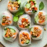 Vegetarian spring rolls - the image shows a plate of spring rolls on a wooden table. the spring rolls are made of paper and are arranged in a circular pattern on the plate. each spring roll is filled with a variety of vegetables, including carrots, cucumbers, and peanuts. the vegetables are mixed with white rice and there are also some nuts scattered throughout the spring rolls. the plate is garnished with fresh mint leaves. the background is a light beige color.