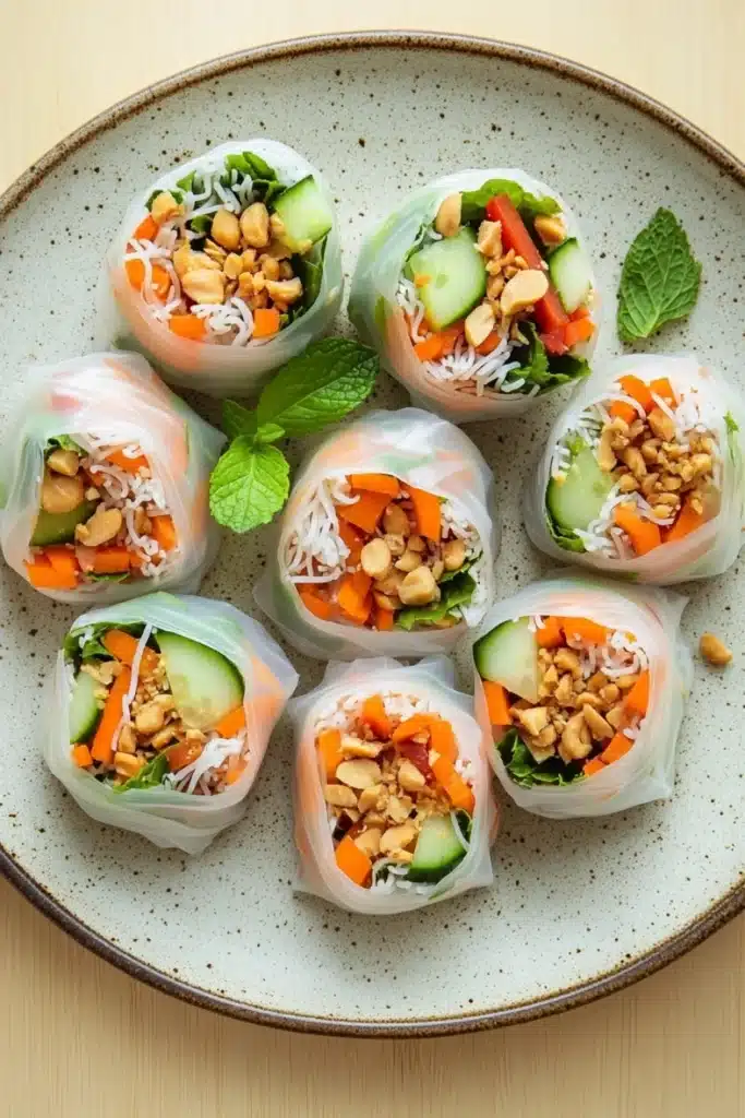 Vegetarian spring rolls - the image shows a plate of spring rolls on a wooden table. the spring rolls are made of paper and are arranged in a circular pattern on the plate. each spring roll is filled with a variety of vegetables, including carrots, cucumbers, and peanuts. the vegetables are mixed with white rice and there are also some nuts scattered throughout the spring rolls. the plate is garnished with fresh mint leaves. the background is a light beige color.