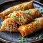Vegetarian spring rolls air fryer - the image shows a plate of spring rolls on a dark wooden table. the spring rolls are golden brown and appear to be freshly made. they are filled with a variety of vegetables, including carrots, green onions, and shredded cheese. the plate is garnished with chopped green onions. the background is blurred, but it appears to be a rustic kitchen countertop.