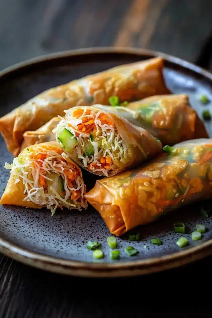 Vegetarian spring rolls air fryer - the image shows a plate of spring rolls on a dark wooden table. the spring rolls are golden brown and appear to be freshly made. they are filled with a variety of vegetables, including carrots, green onions, and shredded cheese. the plate is garnished with chopped green onions. the background is blurred, but it appears to be a rustic kitchen countertop.