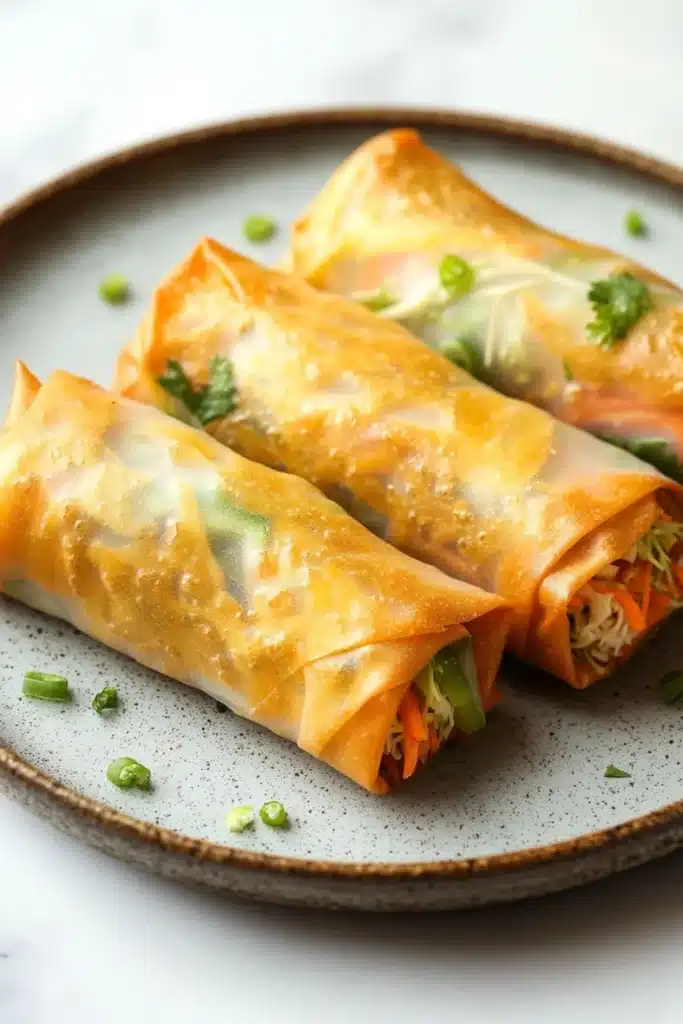 Vegetarian spring rolls air fryer - the image shows three spring rolls on a gray plate. the spring rolls are golden brown and appear to be freshly cooked. they are filled with a mixture of vegetables, including carrots, celery, and onions, and are garnished with chopped parsley. the plate is sitting on a white marble countertop.