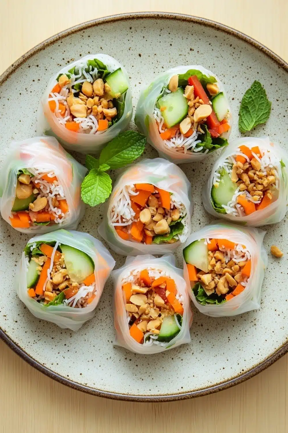 Vegetarian spring rolls - the image shows a plate of spring rolls on a wooden table. the spring rolls are made of paper and are arranged in a circular pattern on the plate. each spring roll is filled with a variety of vegetables, including carrots, cucumbers, and peanuts. the vegetables are mixed with white rice and there are also some nuts scattered throughout the spring rolls. the plate is garnished with fresh mint leaves. the background is a light beige color.