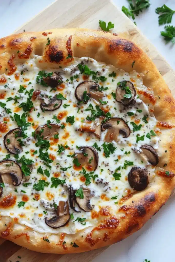 White sauce truffle pizza - the image is of a freshly baked pizza on a wooden cutting board. the pizza has a golden brown crust and is topped with melted white cheese and sliced mushrooms. the mushrooms are arranged in a circular pattern on top of the cheese. there are also a few sprigs of fresh parsley scattered around the cutting board, adding a pop of green color to the dish. the background is a white marble countertop.