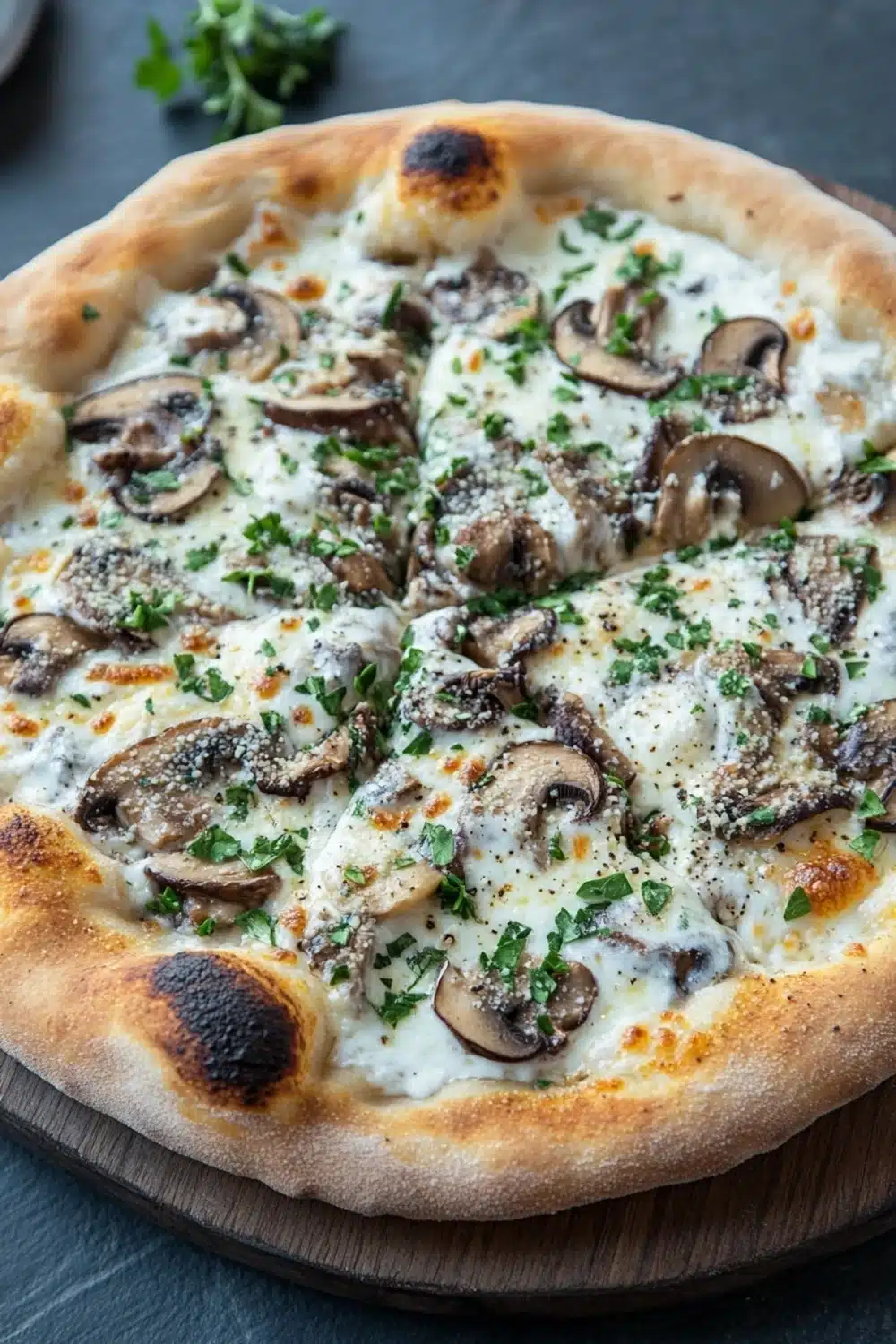 White sauce truffle pizza - the image is of a freshly baked pizza on a wooden cutting board. the pizza has a golden brown crust and is topped with melted white cheese and sliced mushrooms. the mushrooms are arranged in a circular pattern on top of the cheese, with some overlapping each other. there are also some chopped herbs scattered around the pizza, adding a pop of green color to the dish. the background is a dark grey countertop, and there is a small sprig of parsley on the side.