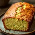Zucchini yogurt cake - the image shows a freshly baked loaf of zucchini bread on a blue plate. the bread has a golden brown crust on top and a soft, fluffy interior. the zucchinis are visible throughout the bread, and they are arranged in a zigzag pattern. the plate is placed on a wooden table, and there is a potted plant in the background. the overall mood of the image is warm and inviting.