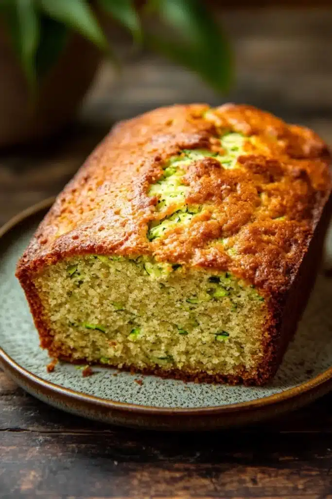 Zucchini yogurt cake - the image shows a freshly baked loaf of zucchini bread on a blue plate. the bread has a golden brown crust on top and a soft, fluffy interior. the zucchinis are visible throughout the bread, and they are arranged in a zigzag pattern. the plate is placed on a wooden table, and there is a potted plant in the background. the overall mood of the image is warm and inviting.