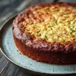 Zucchini yogurt cake - the image is a close-up of a round cake on a blue plate. the cake appears to be freshly baked and has a golden brown crust on top. the top of the cake is covered in a layer of zucchini and other vegetables, which are arranged in a zigzag pattern. the plate is placed on a wooden table with a rustic, weathered look. the background is blurred, making the cake the focal point of the image.