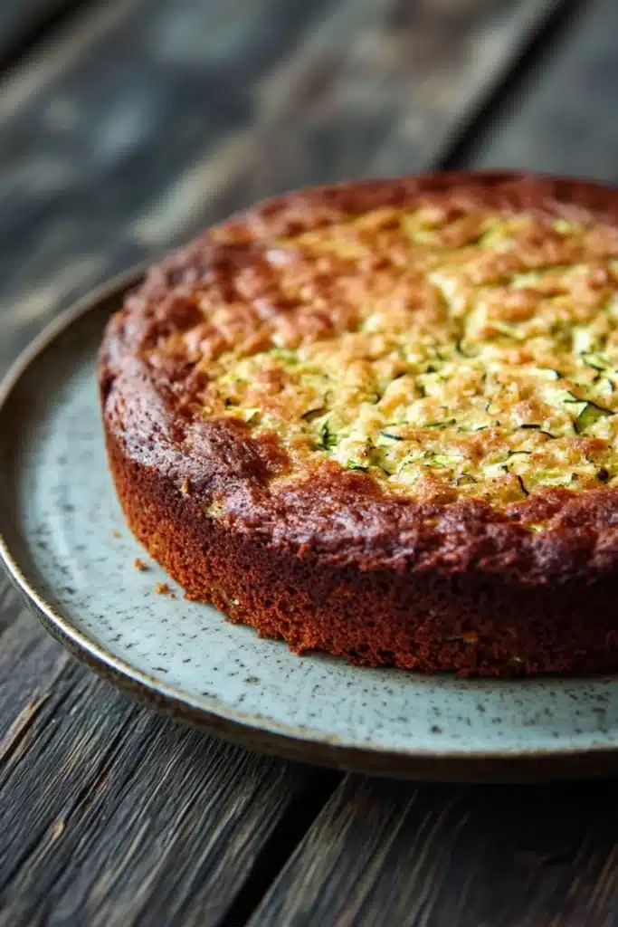 Zucchini yogurt cake - the image is a close-up of a round cake on a blue plate. the cake appears to be freshly baked and has a golden brown crust on top. the top of the cake is covered in a layer of zucchini and other vegetables, which are arranged in a zigzag pattern. the plate is placed on a wooden table with a rustic, weathered look. the background is blurred, making the cake the focal point of the image.