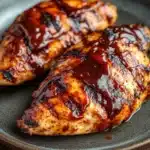 Air fryer chicken breast bbq - the image shows two pieces of grilled chicken breasts on a gray plate. the chicken breasts are covered in a dark red sauce, which appears to be bbq sauce, and are glazed with a glossy sheen. the plate is placed on a wooden table, and the background is blurred, making the chicken breasts the focal point of the image.