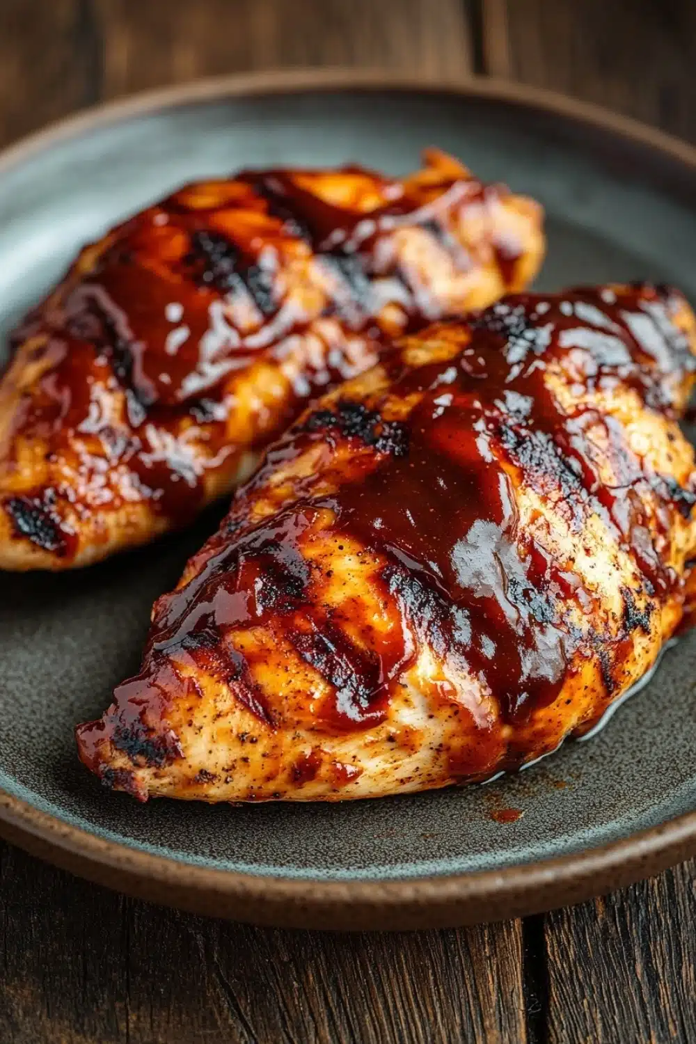 Air fryer chicken breast bbq - the image shows two pieces of grilled chicken breasts on a gray plate. the chicken breasts are covered in a dark red sauce, which appears to be bbq sauce, and are glazed with a glossy sheen. the plate is placed on a wooden table, and the background is blurred, making the chicken breasts the focal point of the image.
