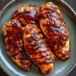 Air fryer chicken breast bbq - the image shows a plate of grilled chicken breasts covered in a red sauce. the chicken breasts are arranged in a circular pattern on a gray plate with a wooden table in the background. the sauce appears to be a deep red color and has a glossy texture. the plate is round and has an uneven rim. the overall appearance of the dish is appetizing and ready to eat.