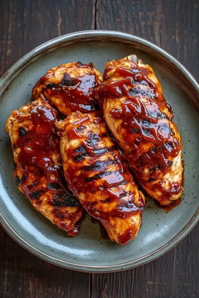 Air fryer chicken breast bbq - the image shows a plate of grilled chicken breasts covered in a red sauce. the chicken breasts are arranged in a circular pattern on a gray plate with a wooden table in the background. the sauce appears to be a deep red color and has a glossy texture. the plate is round and has an uneven rim. the overall appearance of the dish is appetizing and ready to eat.