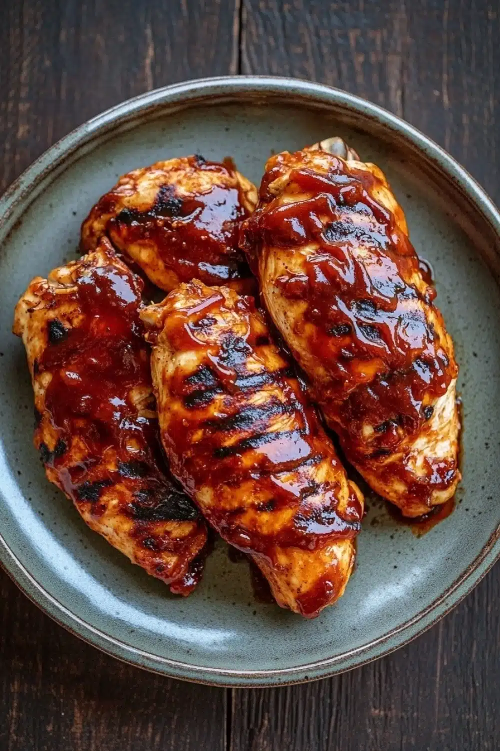 Air fryer chicken breast bbq - the image shows a plate of grilled chicken breasts covered in a red sauce. the chicken breasts are arranged in a circular pattern on a gray plate with a wooden table in the background. the sauce appears to be a deep red color and has a glossy texture. the plate is round and has an uneven rim. the overall appearance of the dish is appetizing and ready to eat.