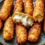 Air fryer mozzarella sticks homemade without freezing - the image shows a plate of deep-fried breaded fish sticks. the fish sticks are golden brown and appear to be crispy on the outside. they are arranged in a circular pattern on the plate, with some overlapping each other. in the center of the plate is a small piece of melted cheese, which is oozing out of the sides. the cheese is a creamy white color and looks like it has been melted and bubbly. the plate is green with a speckled pattern around the edges. the background is a dark blue countertop.