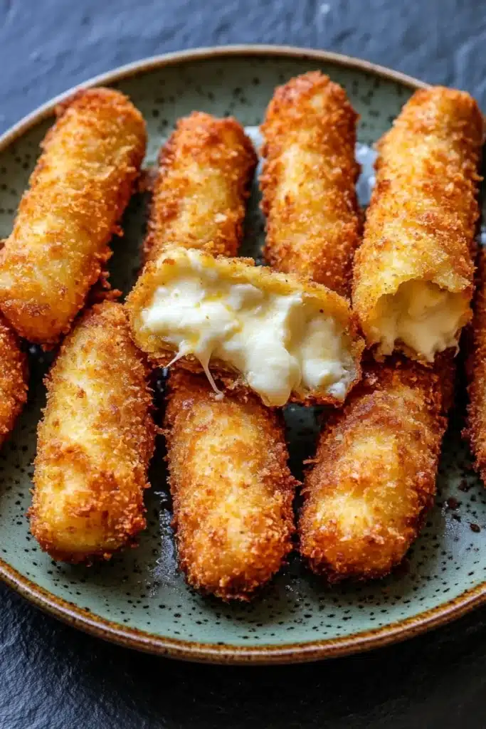 Air fryer mozzarella sticks homemade without freezing - the image shows a plate of deep-fried breaded fish sticks. the fish sticks are golden brown and appear to be crispy on the outside. they are arranged in a circular pattern on the plate, with some overlapping each other. in the center of the plate is a small piece of melted cheese, which is oozing out of the sides. the cheese is a creamy white color and looks like it has been melted and bubbly. the plate is green with a speckled pattern around the edges. the background is a dark blue countertop.
