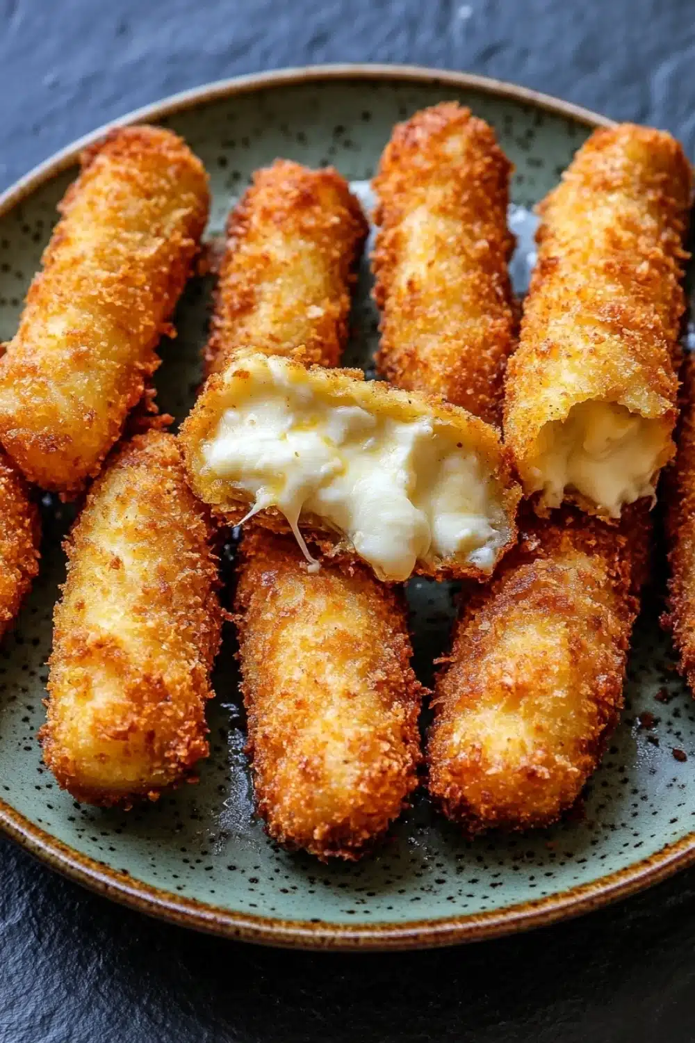 Air fryer mozzarella sticks homemade without freezing - the image shows a plate of deep-fried breaded fish sticks. the fish sticks are golden brown and appear to be crispy on the outside. they are arranged in a circular pattern on the plate, with some overlapping each other. in the center of the plate is a small piece of melted cheese, which is oozing out of the sides. the cheese is a creamy white color and looks like it has been melted and bubbly. the plate is green with a speckled pattern around the edges. the background is a dark blue countertop.