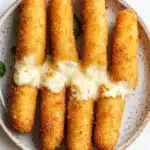 Air fryer mozzarella sticks homemade without freezing - the image shows a plate of six pieces of breaded chicken tenders arranged in a circular pattern on a white marble countertop. the tenders are golden brown and appear to be crispy on the outside. they are drizzled with a creamy white sauce, which is spread evenly over the top of the tenders. there are also some fresh basil leaves scattered around the plate. the overall presentation of the dish is appetizing and visually appealing.