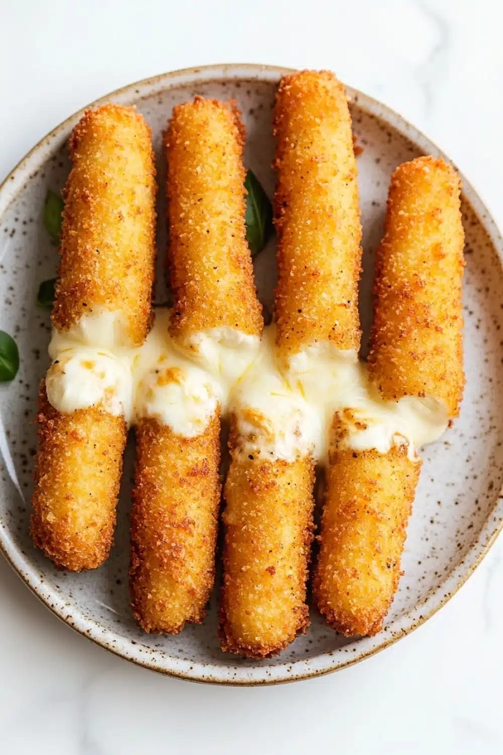 Air fryer mozzarella sticks homemade without freezing - the image shows a plate of six pieces of breaded chicken tenders arranged in a circular pattern on a white marble countertop. the tenders are golden brown and appear to be crispy on the outside. they are drizzled with a creamy white sauce, which is spread evenly over the top of the tenders. there are also some fresh basil leaves scattered around the plate. the overall presentation of the dish is appetizing and visually appealing.