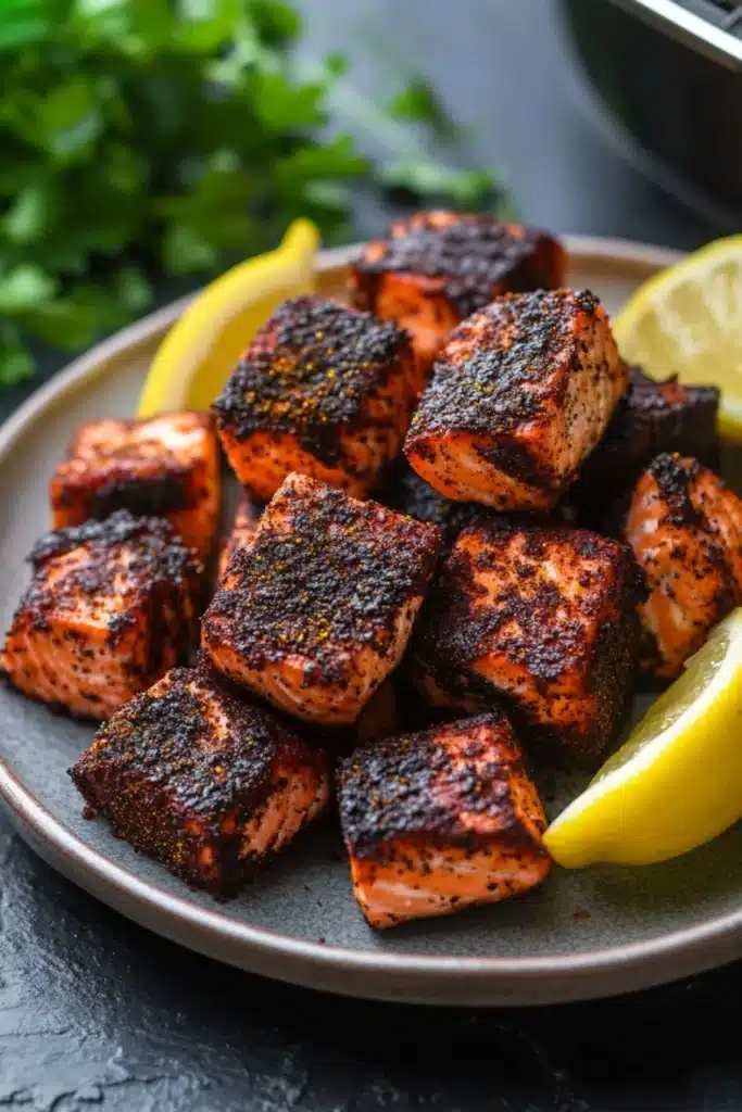 Air fryer salmon bites blackened - the image shows a plate of grilled salmon on a dark grey plate. the salmon is cooked to a golden brown color and has a crispy texture. it is garnished with two lemon wedges on either side of the plate, adding a pop of color to the dish. in the background, there is a bowl of fresh parsley and a sprig of parsley. the plate is sitting on a black countertop.