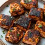 Air fryer salmon bites blackened - the image shows a plate of cooked salmon fillets. the salmon is golden brown and appears to be seasoned with herbs and spices. the plate is round and has a light blue rim. the fillets are arranged in a single layer on the plate, with some overlapping each other. the herbs are scattered on top of the salmon, adding a pop of green color to the dish. the background is blurred, but it seems to be a wooden table or countertop.