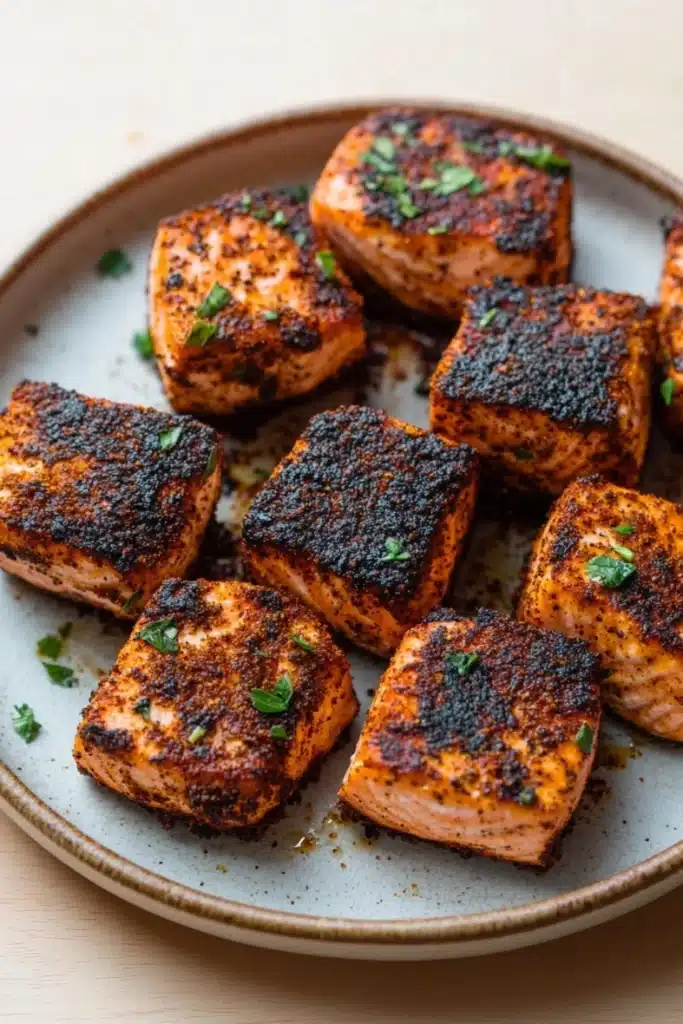 Air fryer salmon bites blackened - the image shows a plate of cooked salmon fillets. the salmon is golden brown and appears to be seasoned with herbs and spices. the plate is round and has a light blue rim. the fillets are arranged in a single layer on the plate, with some overlapping each other. the herbs are scattered on top of the salmon, adding a pop of green color to the dish. the background is blurred, but it seems to be a wooden table or countertop.