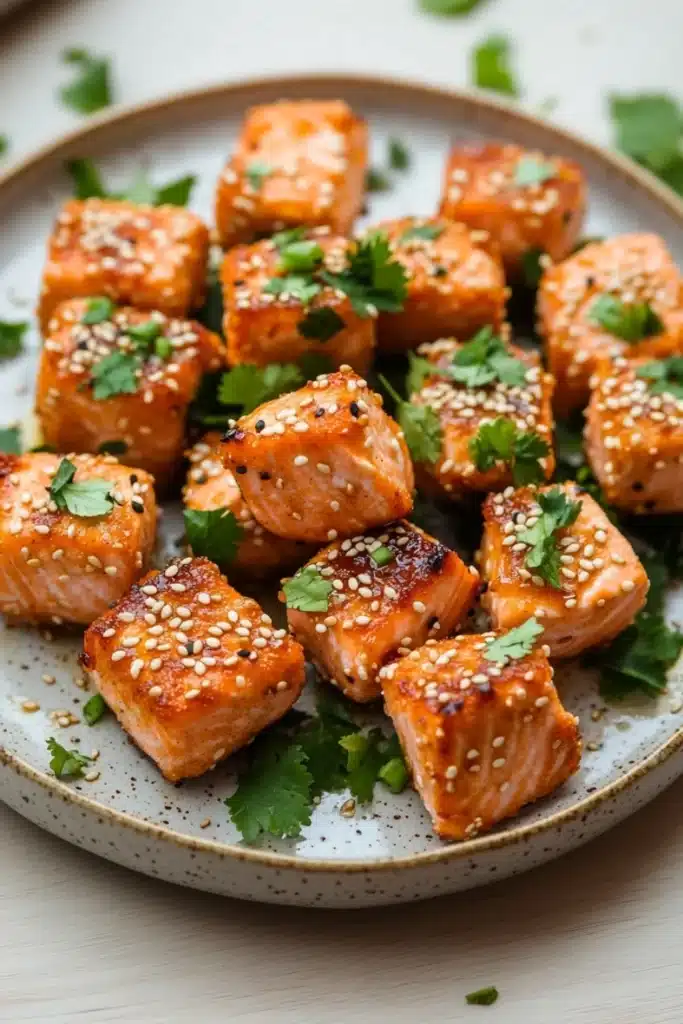 Air fryer salmon bites honey siracha - the image shows a plate of cooked salmon cubes. the salmon cubes are golden brown and have sesame seeds sprinkled on top. they are arranged in a circular pattern on the plate, with some overlapping each other. the plate is white with a light blue rim and is garnished with fresh cilantro leaves. the background is blurred, but it appears to be a wooden table.