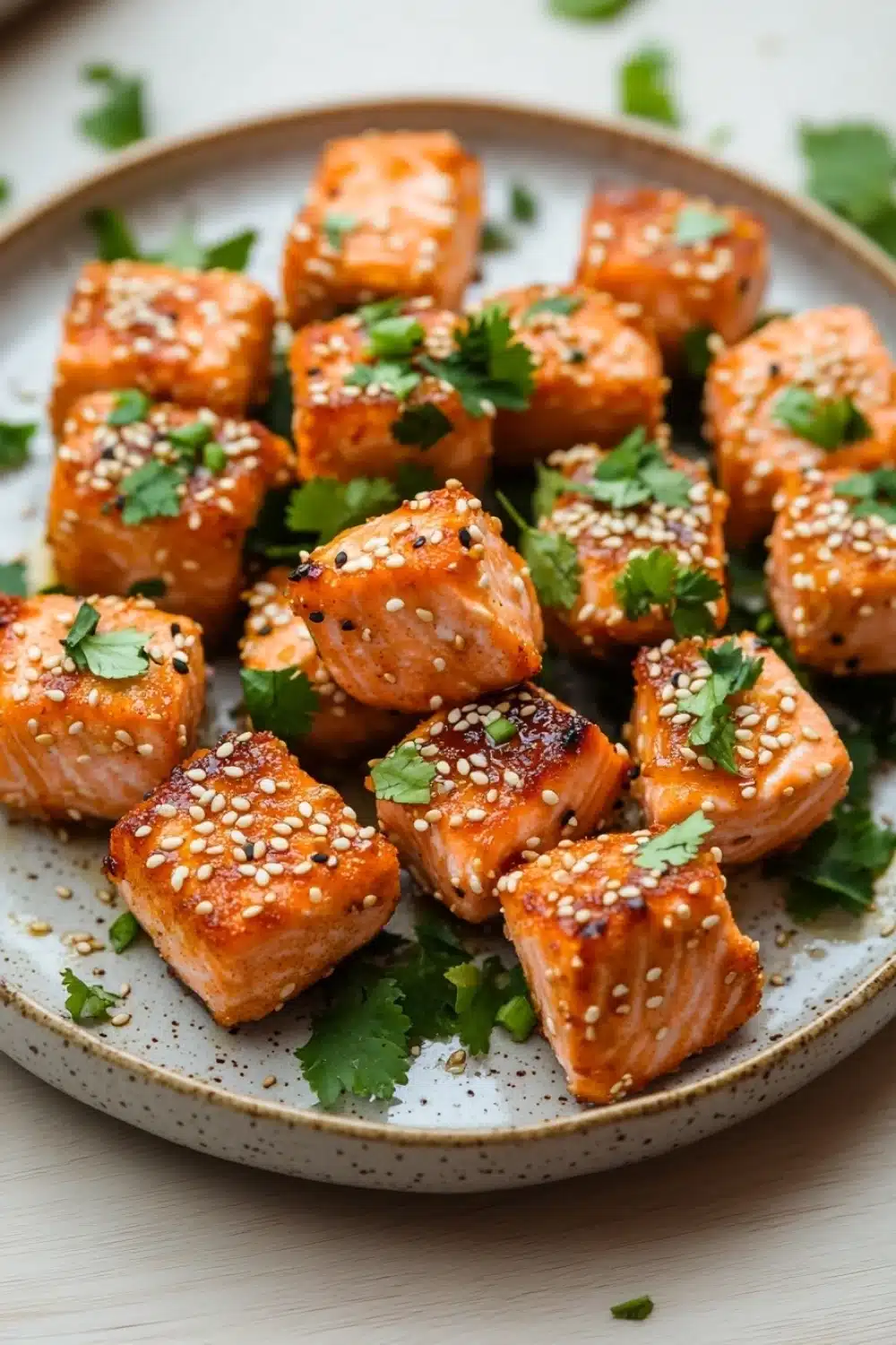 Air fryer salmon bites honey siracha - the image shows a plate of cooked salmon cubes. the salmon cubes are golden brown and have sesame seeds sprinkled on top. they are arranged in a circular pattern on the plate, with some overlapping each other. the plate is white with a light blue rim and is garnished with fresh cilantro leaves. the background is blurred, but it appears to be a wooden table.