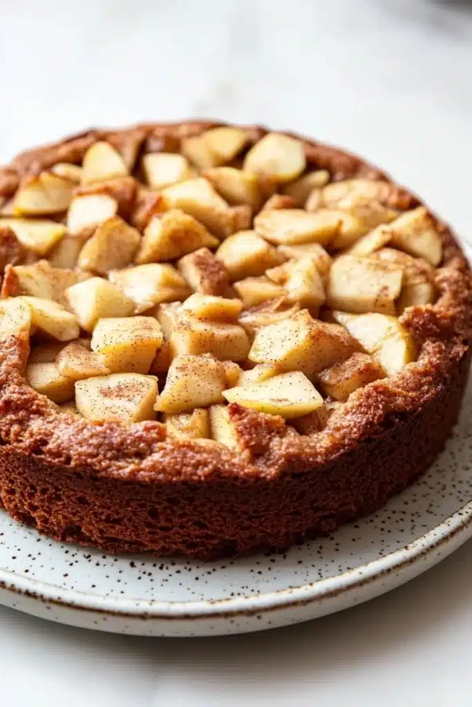 Apple cake no flour - the image is of a freshly baked apple tart on a white plate. the tart has a golden brown crust and is topped with sliced apples arranged in a circular pattern. the apples are cut into small cubes and are evenly spaced along the top of the tart. the plate has a speckled pattern around the edges. the background is blurred, but it appears to be a kitchen countertop.