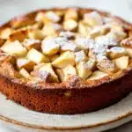 Apple cake no flour - the image is of a round cake on a white plate. the cake has a golden brown crust and is topped with sliced apples arranged in a criss-cross pattern. the apples are dusted with powdered sugar, giving them a shiny appearance. the plate is sitting on a marble countertop. the background is blurred, making the cake the focal point of the image.