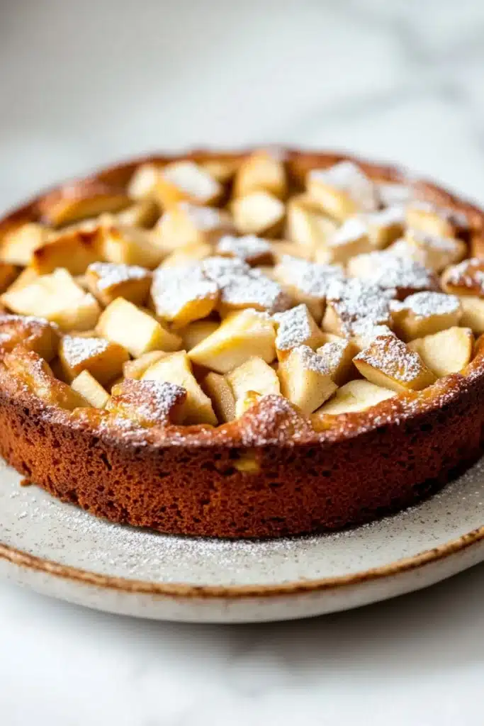 Apple cake no flour - the image is of a round cake on a white plate. the cake has a golden brown crust and is topped with sliced apples arranged in a criss-cross pattern. the apples are dusted with powdered sugar, giving them a shiny appearance. the plate is sitting on a marble countertop. the background is blurred, making the cake the focal point of the image.